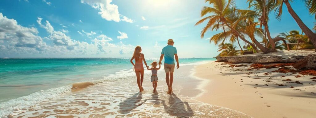Familia disfrutando de un día soleado en una playa de Punta Cana, resaltando el atractivo de invertir en propiedades caribeñas