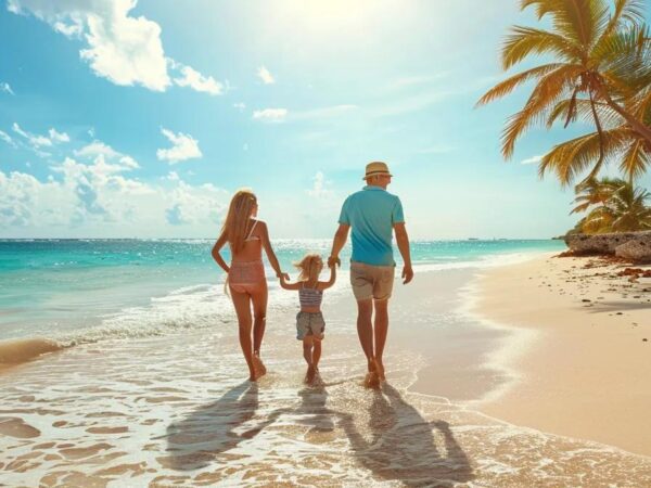 Familia caminando por la playa en Punta Cana, disfrutando del sol y el mar, representando oportunidades de inversión en bienes raíces en destinos turísticos.