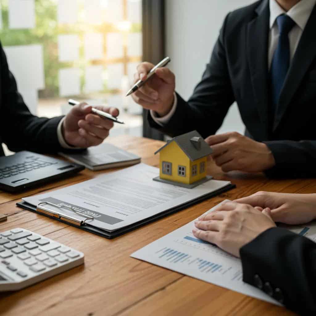 Profesional inmobiliario explicando detalles de transacción de propiedad a un cliente